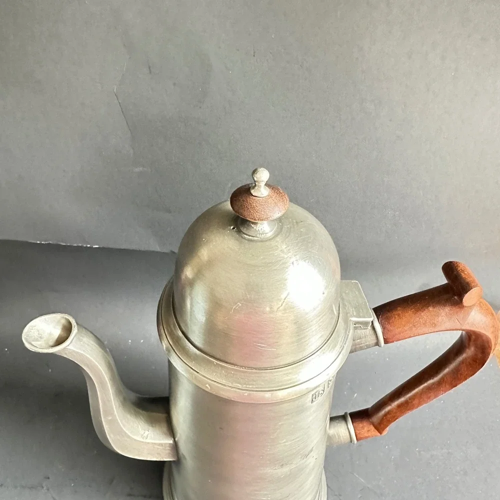 John Somers Pewter Coffee Pot Vintage Silver Wood Handle Brazil JS MG Hallmarks